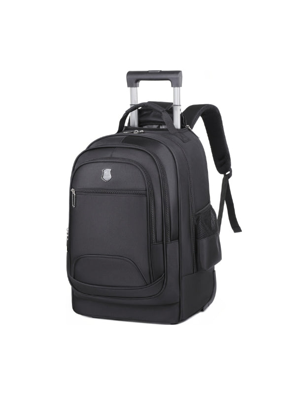Black rolling school backpack with wheels, front zipper pockets.
